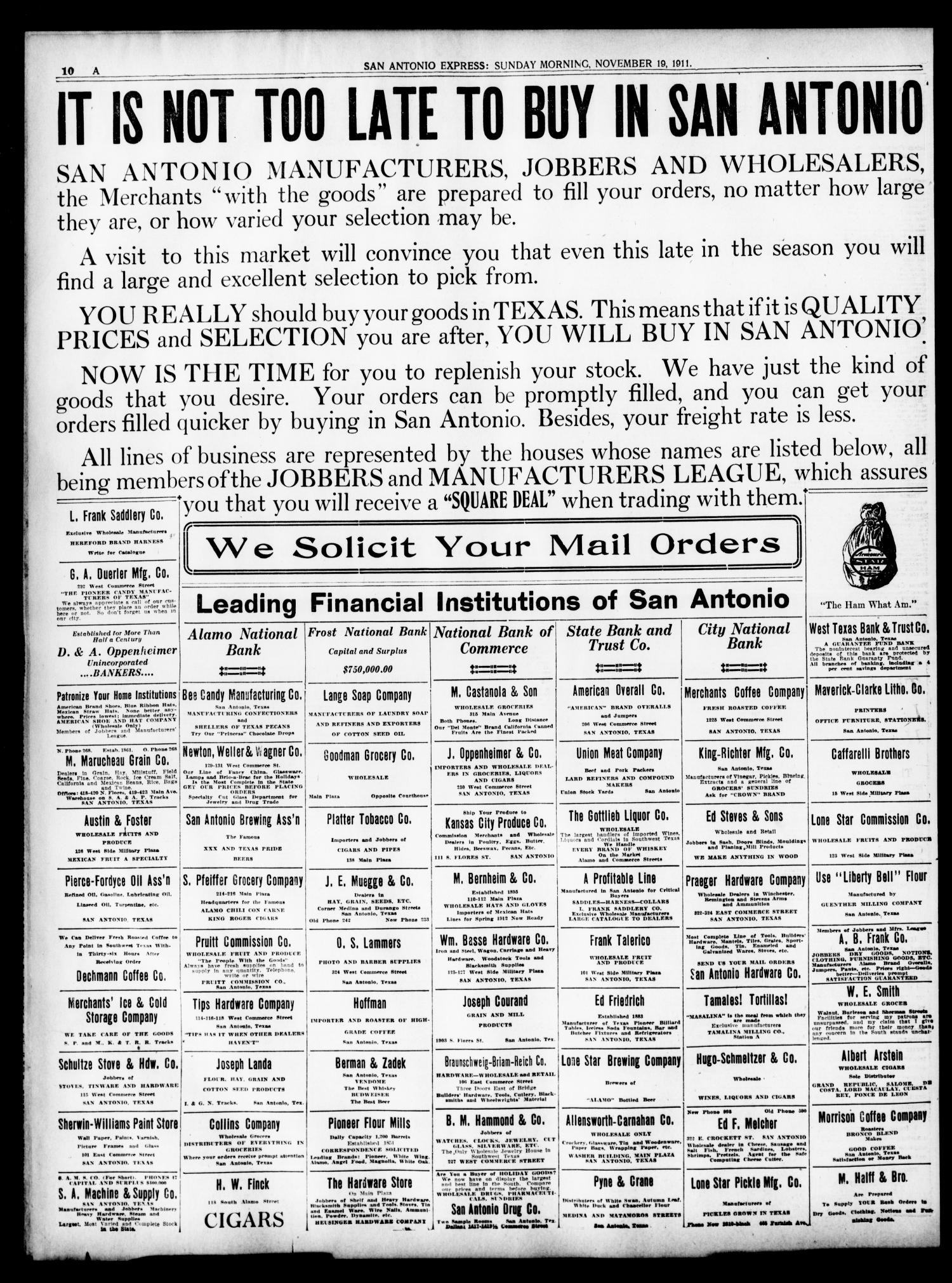 Sunday *San Antonio Express* page 10 cooperative display: banner “It is not too late to buy in San Antonio” over a grid of Jobbers and Manufacturers League listings, November 1911
